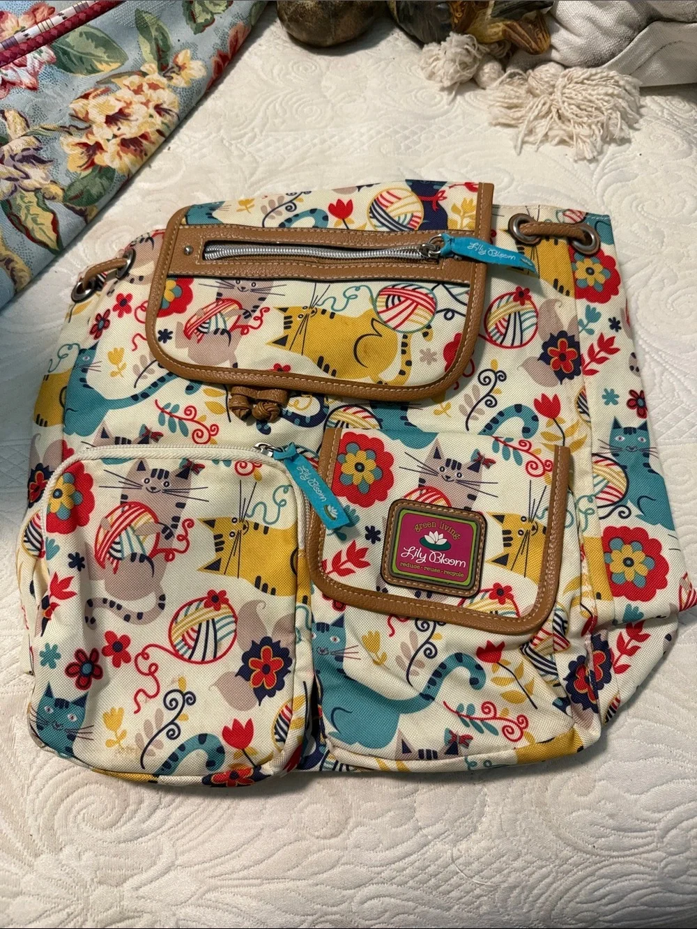 Lily Bloom Cream Canvas Backpack with Yellow, Teal & Red Accents